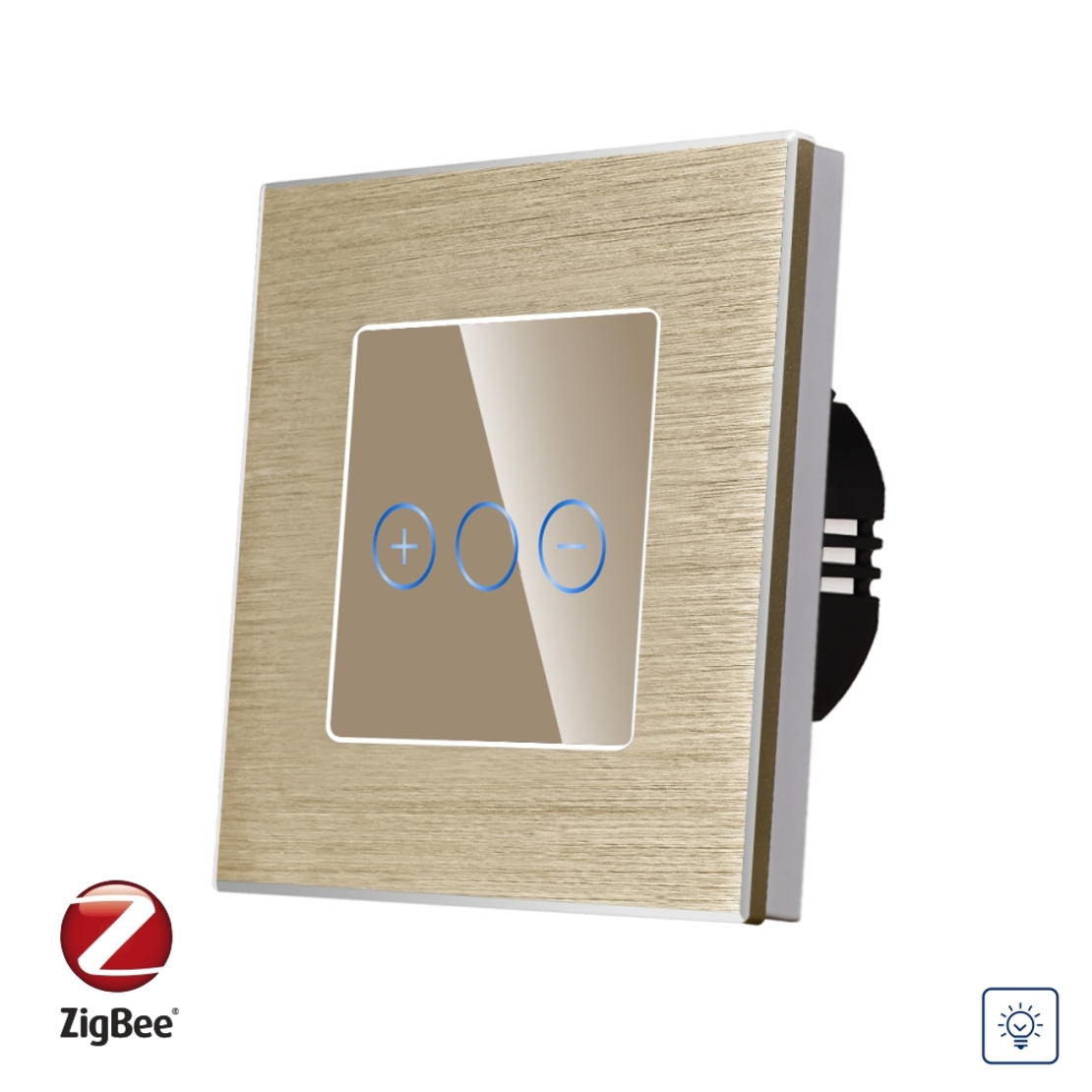 Intrerupator Simplu cu Variator cu Touch din Sticla si Rama de Aluminiu LUXION, protocol Zigbee, auriu