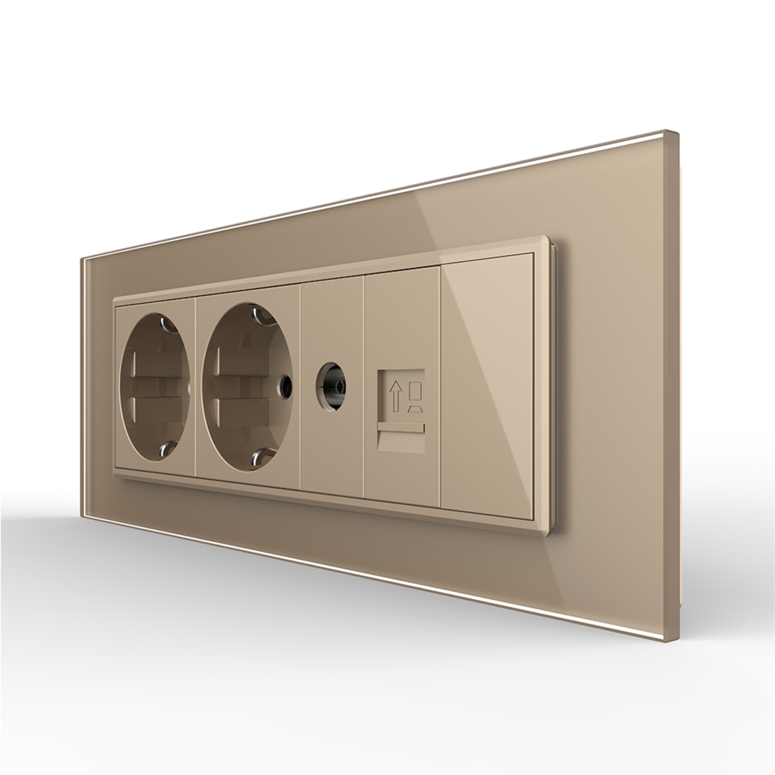 Priza Tripla cu Blank Livolo cu Rama din Sticla 2 Prize Schuko+TV/internet, Standard Italian - Serie Noua, auriu