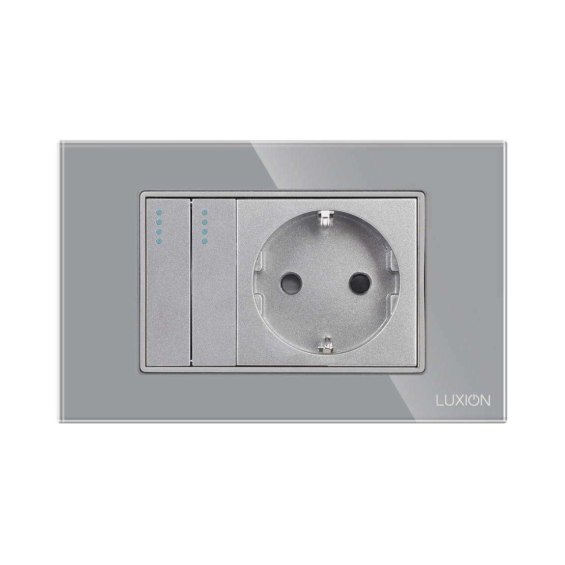 Intrerupator Dublu + Priza cu Rama din Sticla LUXION, Standard Italian, 3M, gri