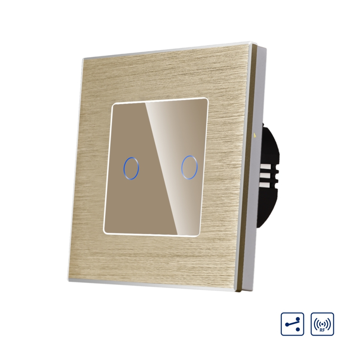 Intrerupator Dublu Cap Scara / Cruce cu Touch din Sticla si Rama de Aluminiu LUXION, RF433, auriu