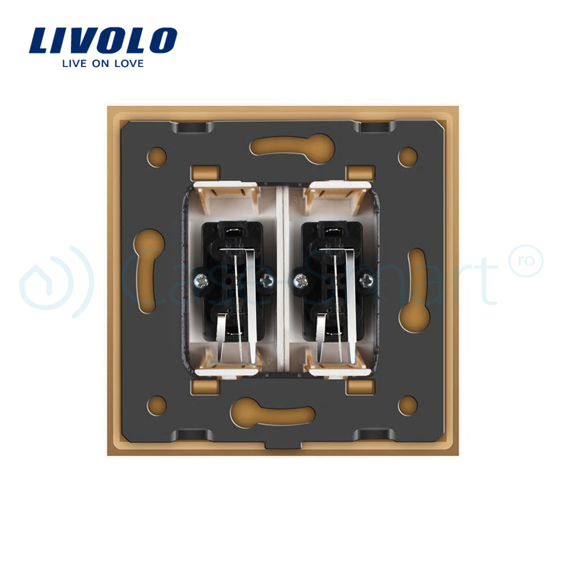 Priza dubla audio Livolo cu rama din sticla, auriu