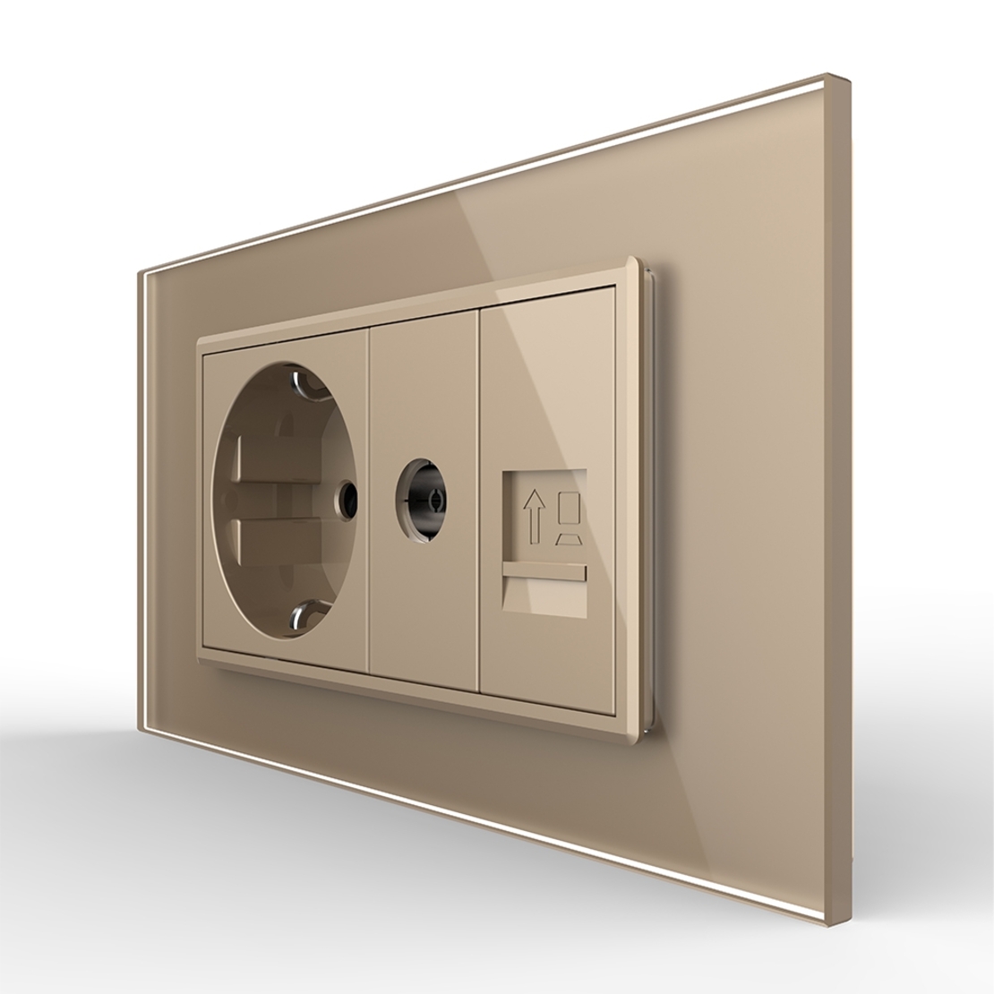 Priza Dubla Livolo cu Rama din Sticla 1 Priza Schuko+TV/internet, Standard Italian - Serie Noua, auriu