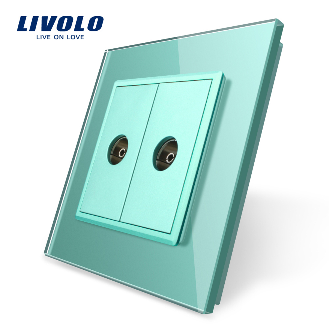 Priza dubla TV Livolo cu rama din sticla, verde