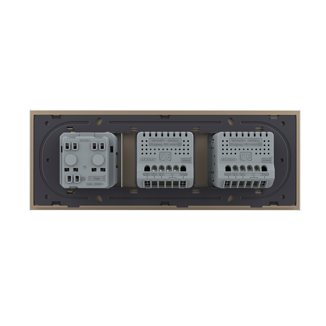 Intrerupator Dublu + Dublu + Priza LIVOLO cu Rama Din Sticla, Standard Italian, 6M, auriu