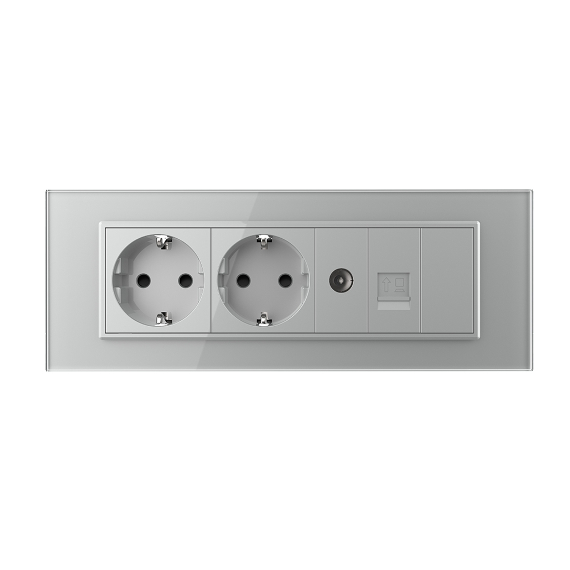 Priza Tripla cu Blank Livolo cu Rama din Sticla 2 Prize Schuko+TV/internet, Standard Italian - Serie Noua, gri