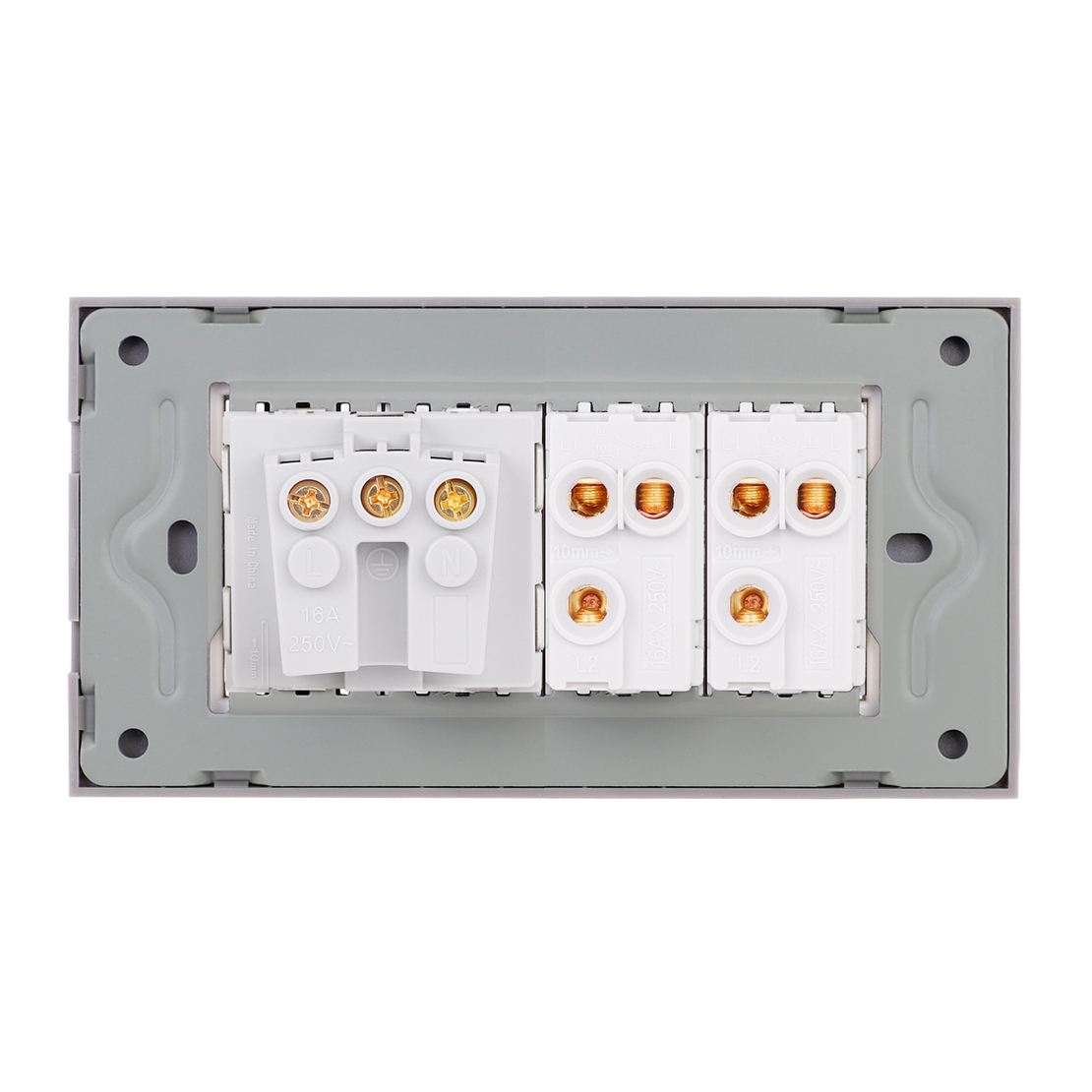 Intrerupator Dublu Cap Scara + Priza cu Rama din Sticla LUXION, Standard Italian, 4M, gri