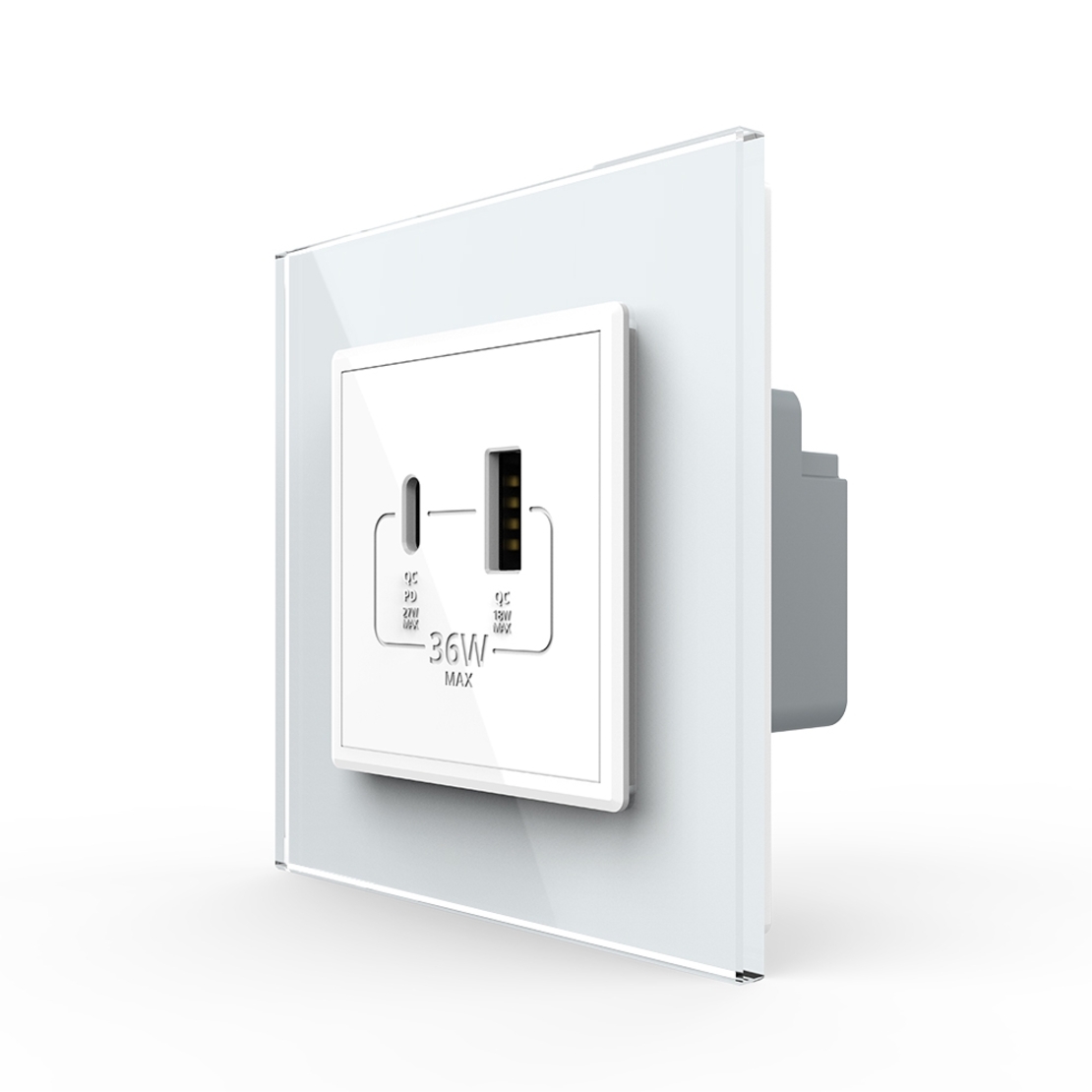 Priza USB-A + USB-C cu Rama Din Sticla LIVOLO - Serie Noua, alb