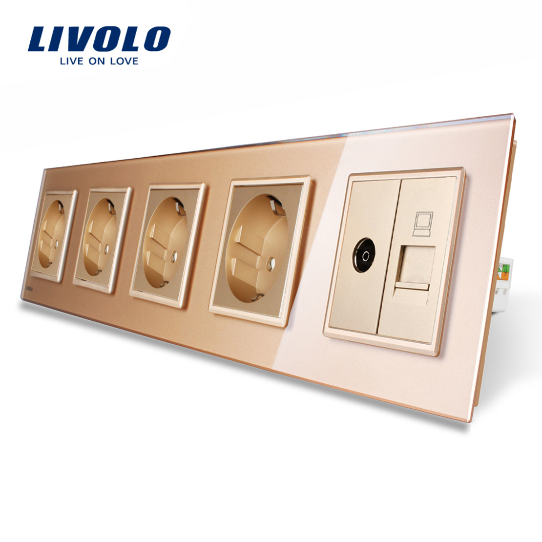 Priza cvintupla + priza TV Internet Livolo cu rama din sticla, auriu