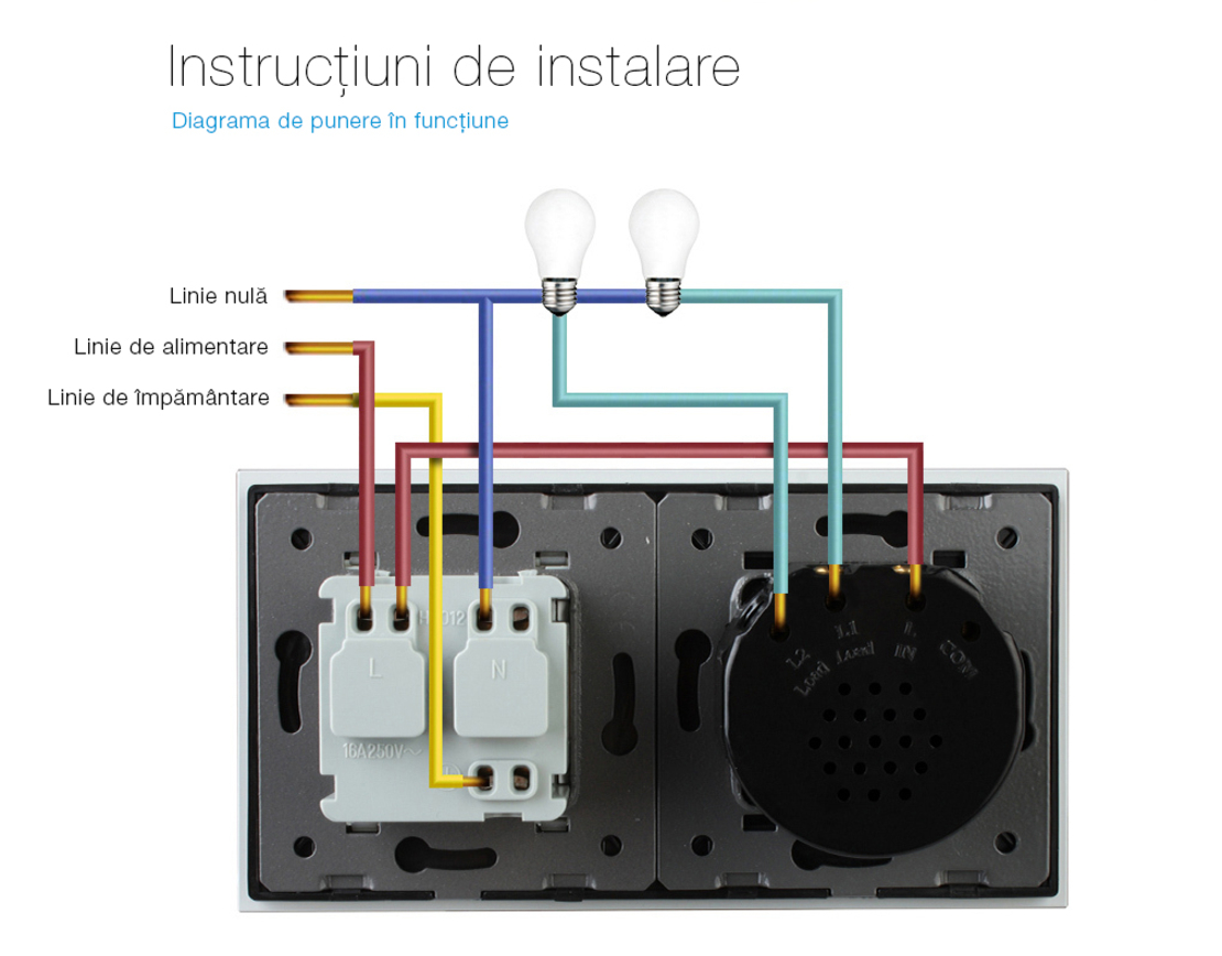 Intrerupator dublu cap scara / cap cruce + priza simpla Livolo rama din sticla, gri