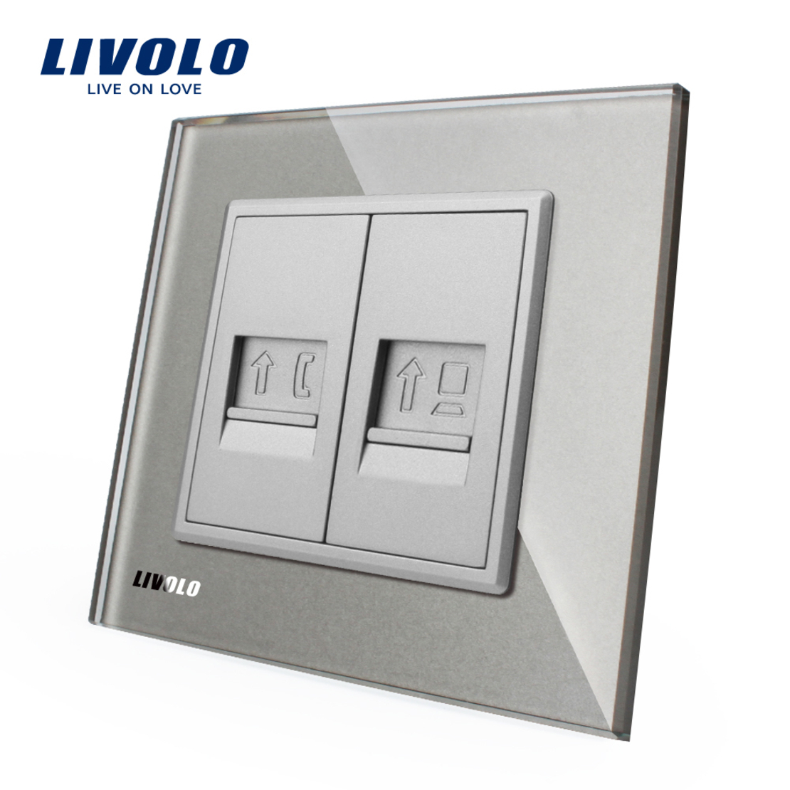 Priza dubla Telefon + Priza internet Livolo cu rama din sticla, gri