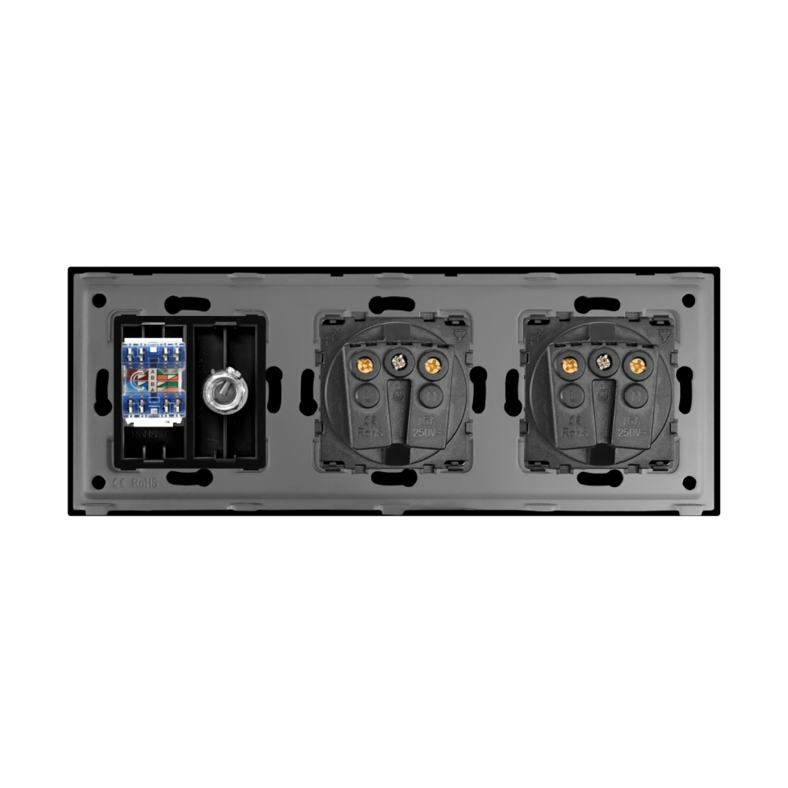 Priza Dubla Schuko + TV + Internet cu Rama Din Sticla LUXION, negru