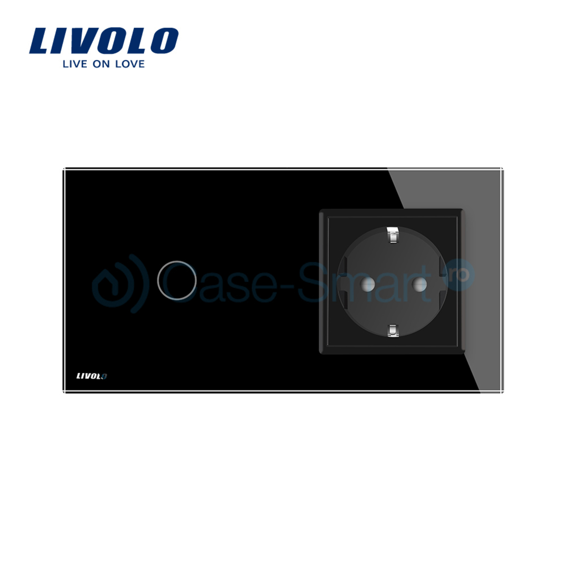Intrerupator simplu cap scara / cap cruce + priza simpla Livolo rama din sticla, negru