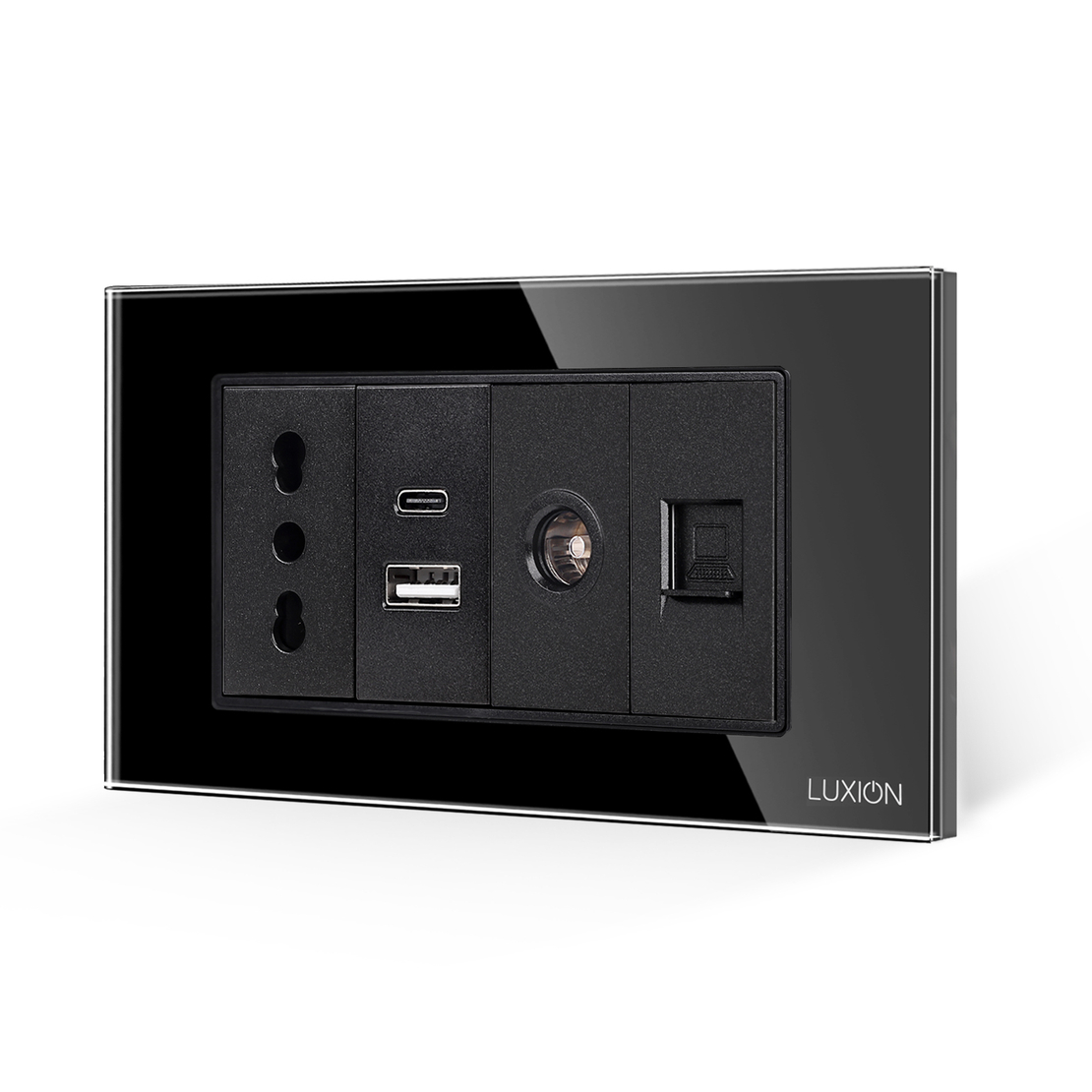 Priza Ingusta + Dubla USB + TV + Internet cu Rama Din Sticla LUXION, Standard Italian, 4M, negru