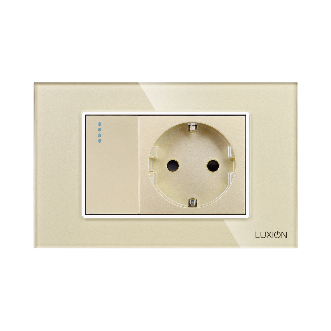 Intrerupator Simplu + Priza cu Rama din Sticla LUXION, Standard Italian, 3M, auriu
