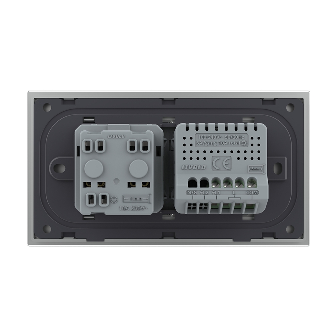 Intrerupator Simplu Cap Scara / Cruce + Priza LIVOLO cu Rama Din Sticla, Standard Italian, 4M, gri