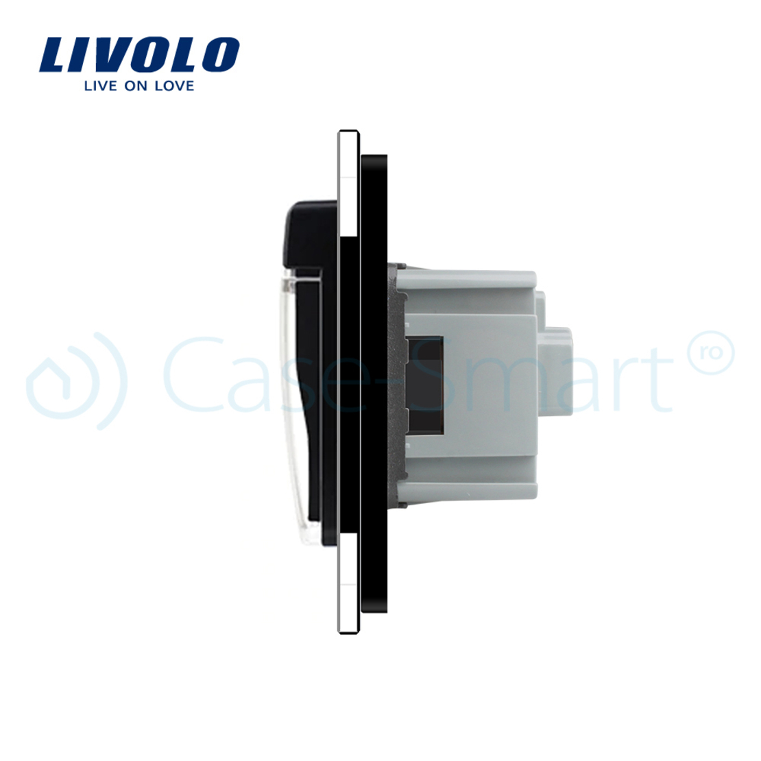 Priza dubla Livolo cu rama din sticla si capac de protectie rezistent la apa, negru