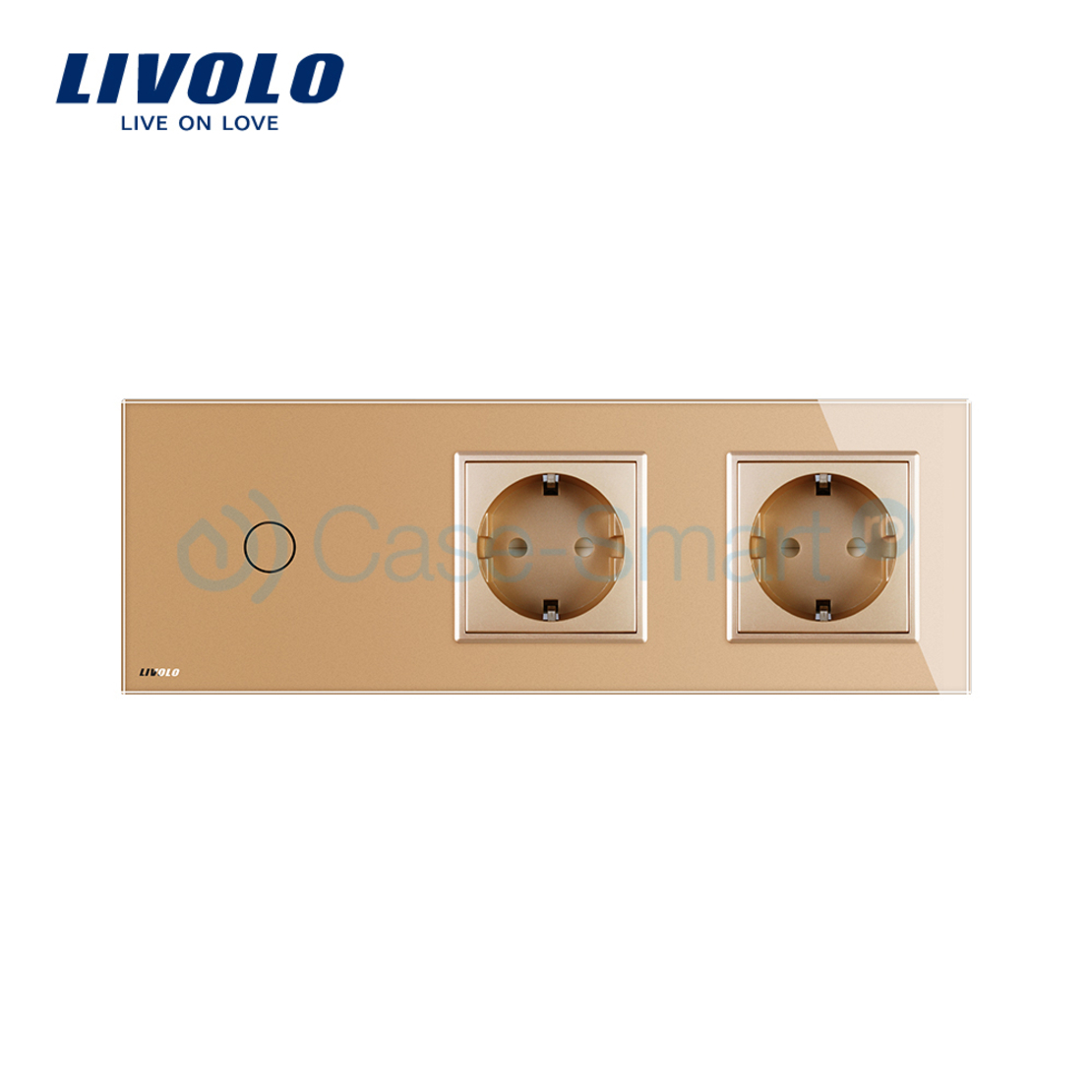 Intrerupator LIVOLO simplu cap scara / cap cruce cu touch si 2 prize din sticla, auriu