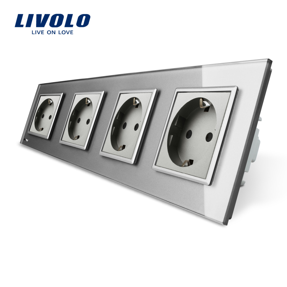 Priza cvadrupla Livolo cu rama din sticla, gri