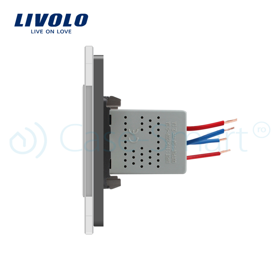 Priza dubla USB Livolo cu rama din sticla, gri