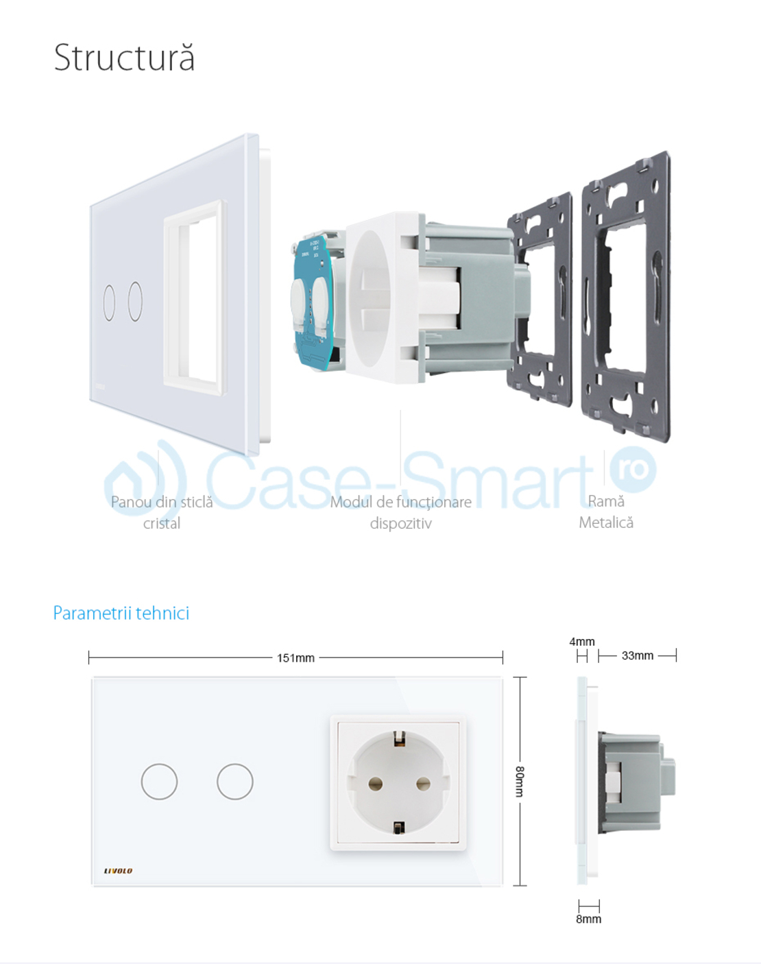 Intrerupator dublu cap scara / cap cruce + priza simpla Livolo rama din sticla, alb