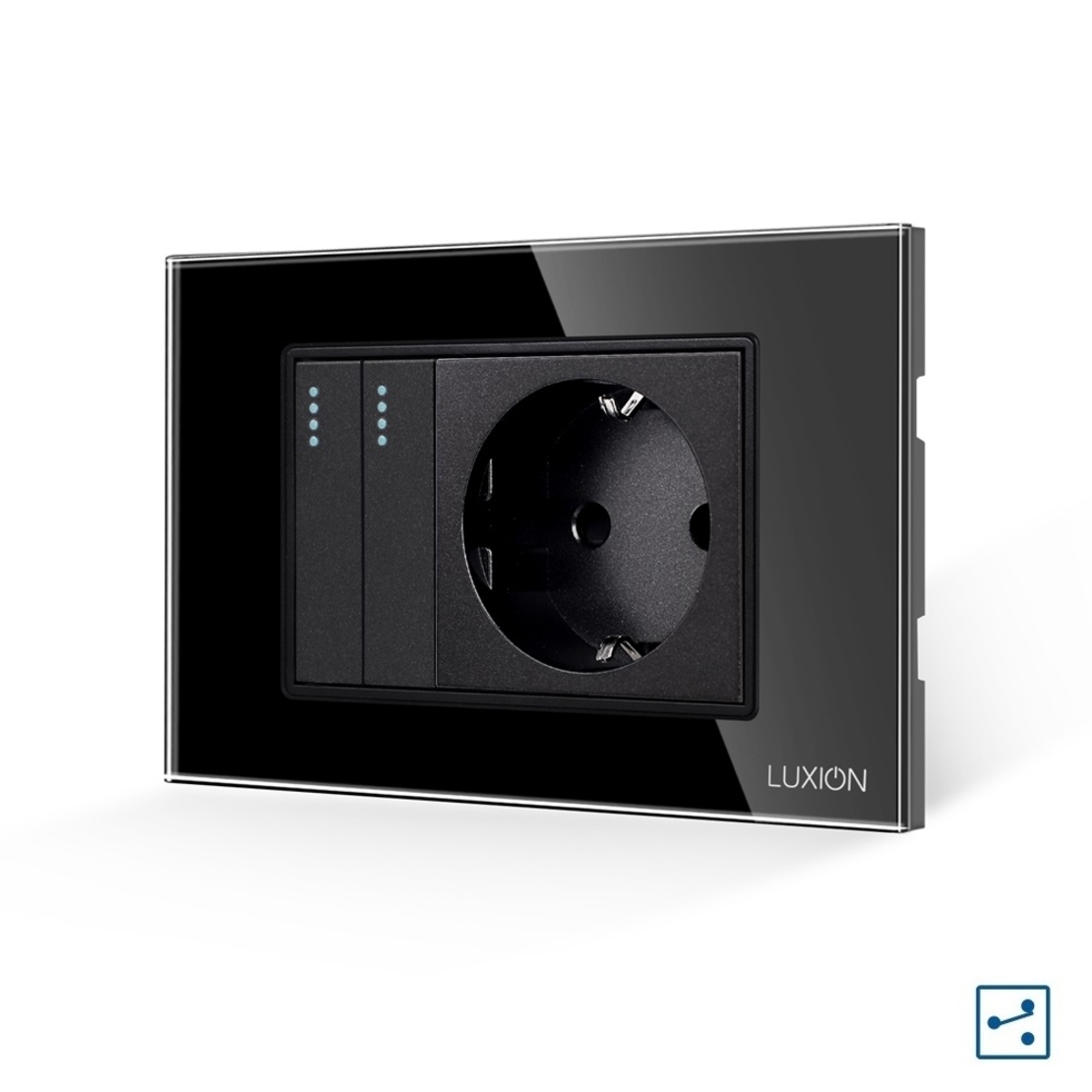 Intrerupator Dublu Cap Scara + Priza cu Rama din Sticla LUXION, Standard Italian, 3M, negru
