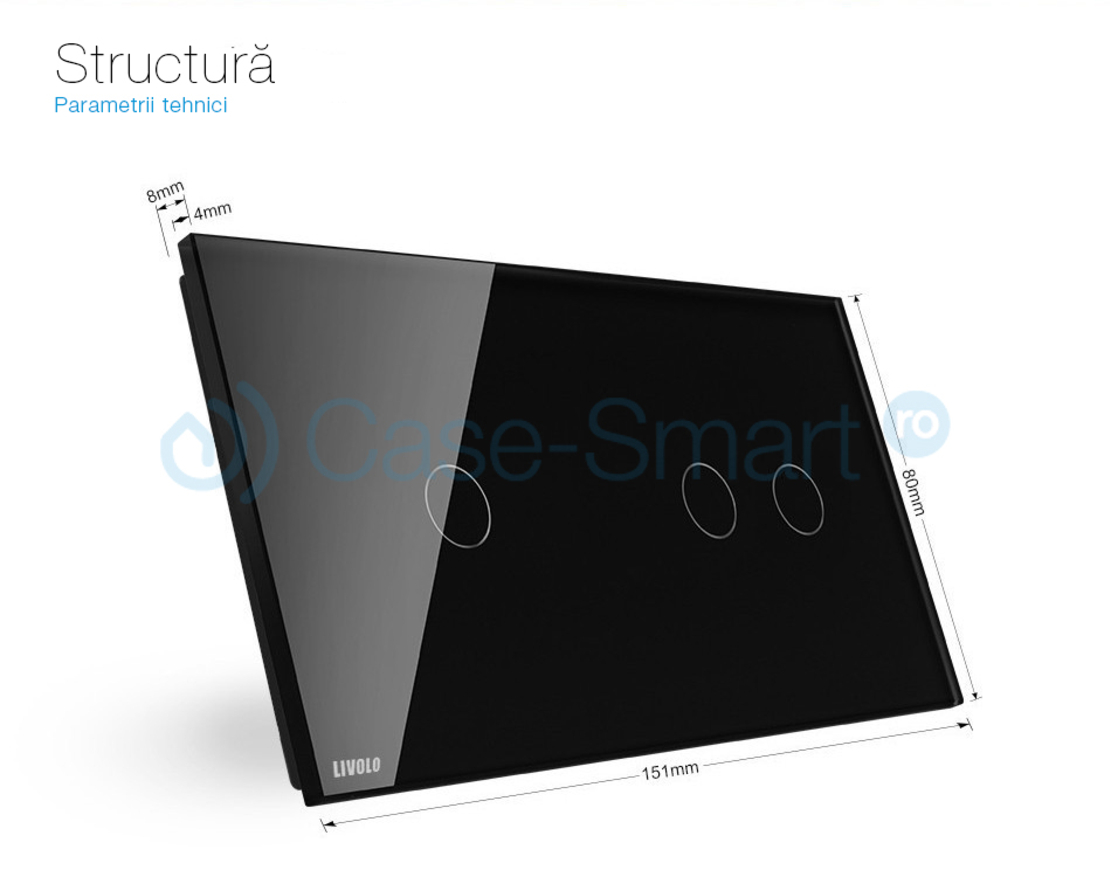 Panou intrerupator simplu+dublu cu touch Livolo din sticla, negru