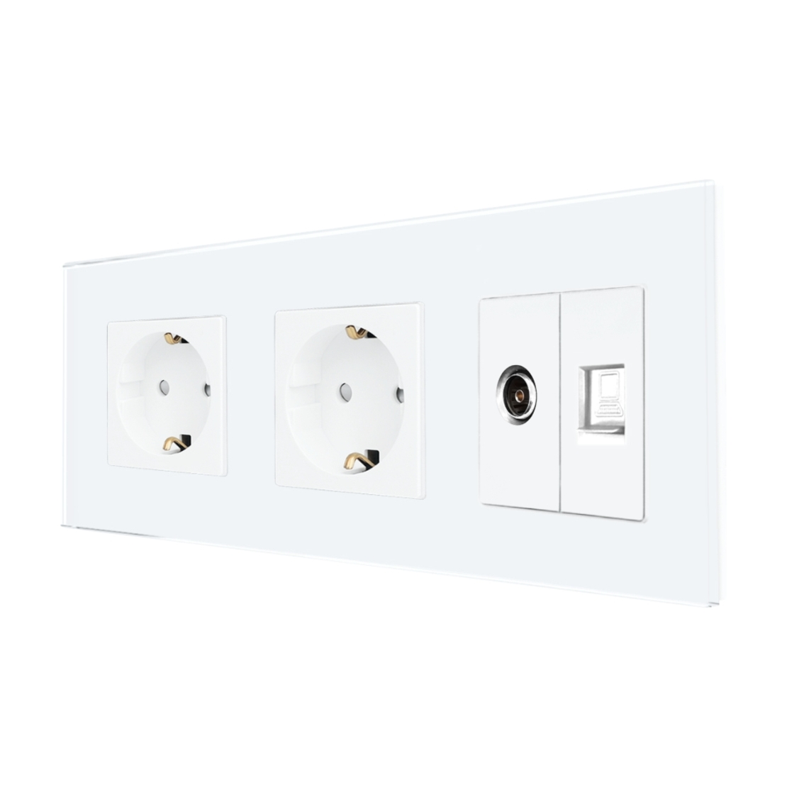 Priza Dubla Schuko + TV + Internet cu Rama Din Sticla LUXION, alb