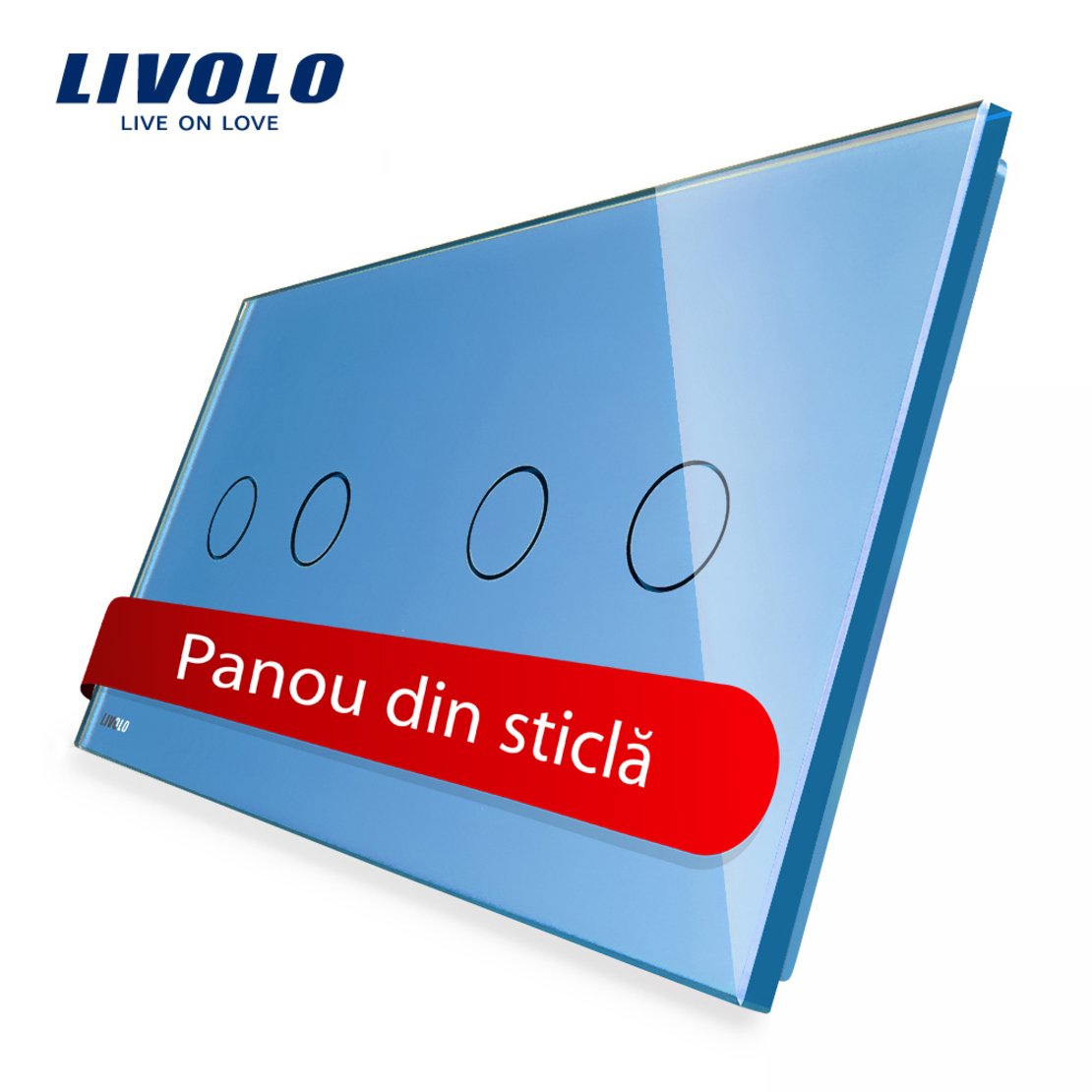 Panou intrerupator dublu+dublu cu touch Livolo din sticla, albastru