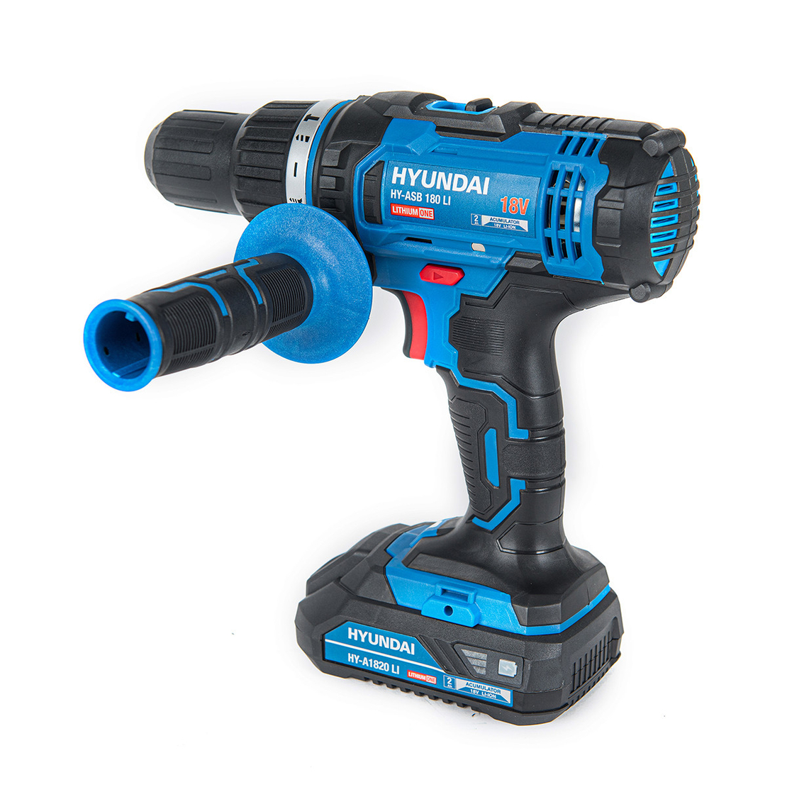 Masina de gaurit si insurubat cu percutie, cu acumulator 18V Hyundai ASB 180 LI, 1 acumulator x 2.0 Ah, incarcator, 2 trepte de viteza, 6 biti, 6 burghie, adaptor magnetic, valiza transport