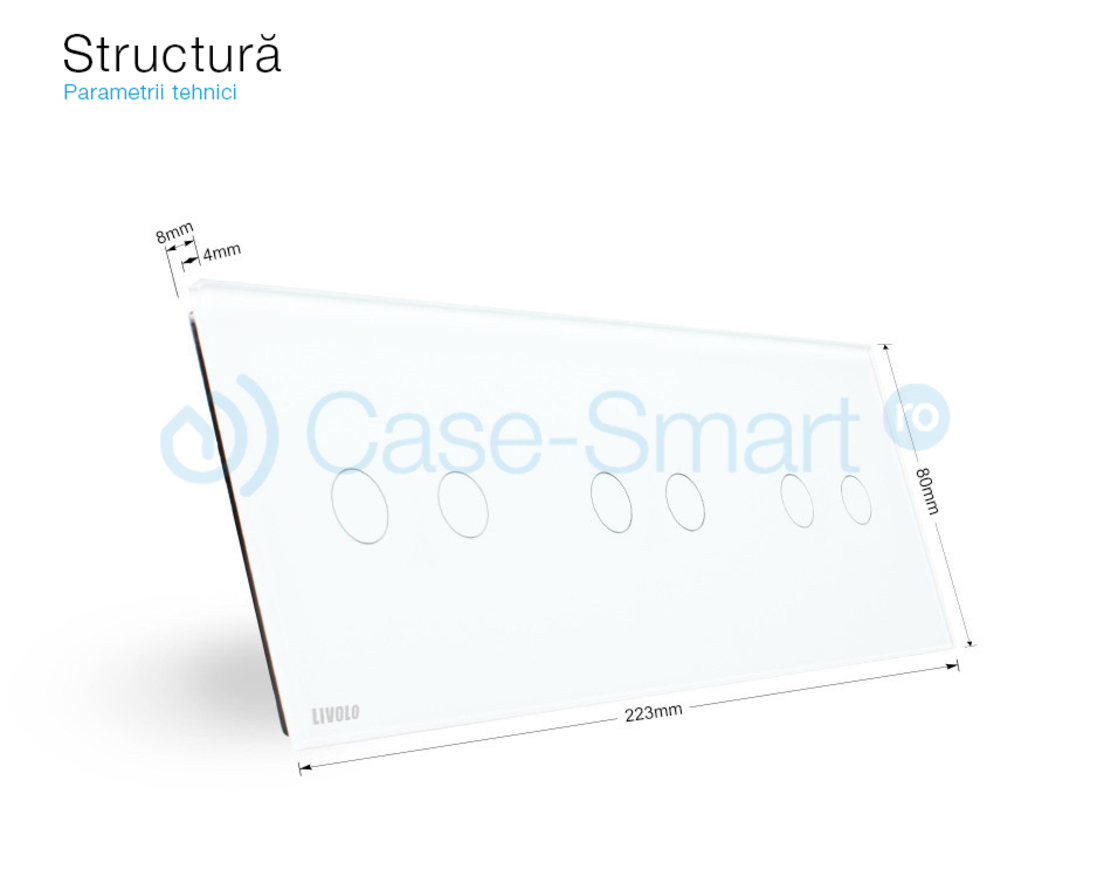 Panou intrerupator dublu+dublu+dublu cu touch Livolo din sticla, alb