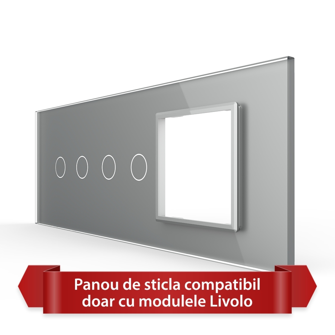 Panou Intrerupator Dublu + Dublu cu Priza LIVOLO din Sticla, Standard Italian - 6/7M, gri