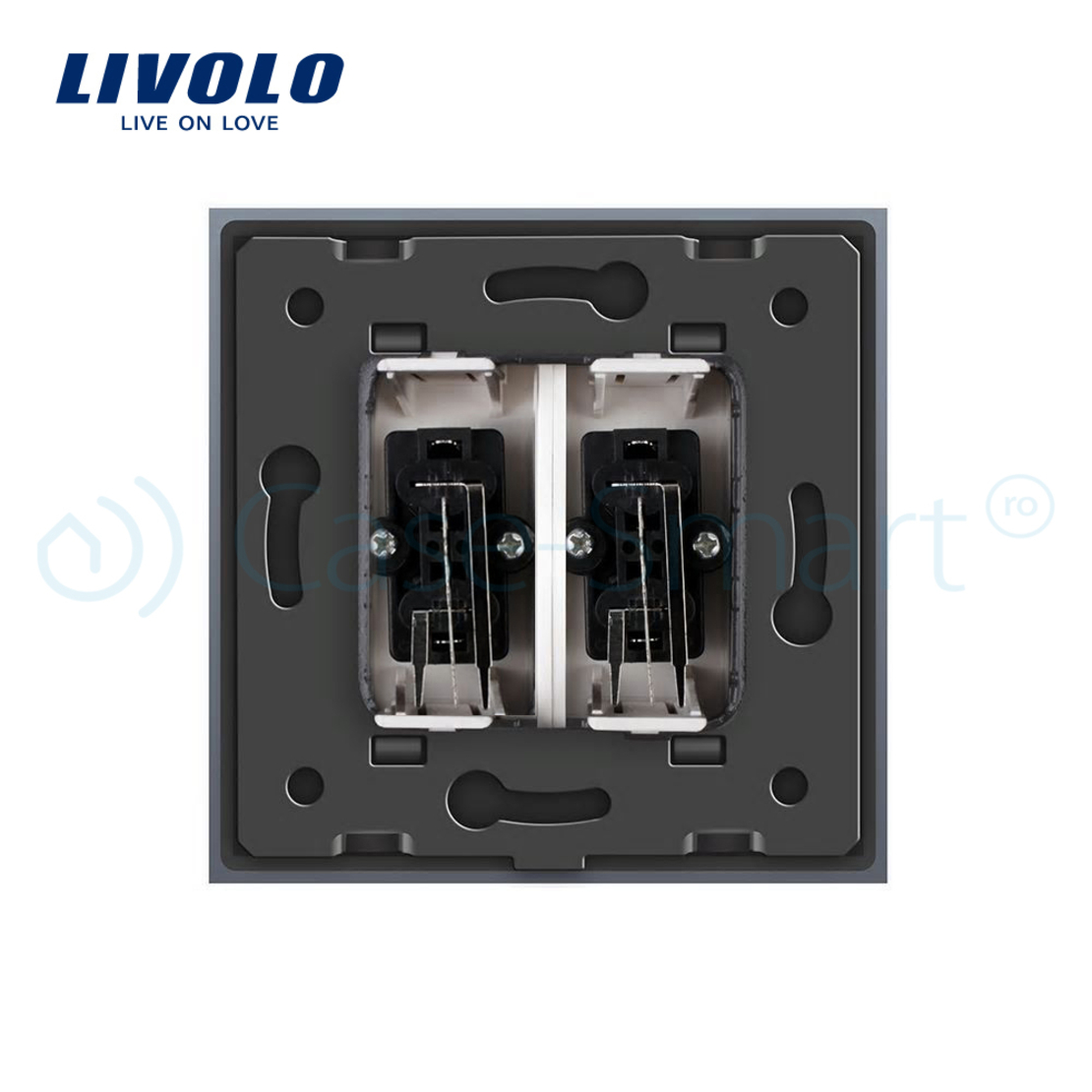 Priza dubla audio Livolo cu rama din sticla, gri