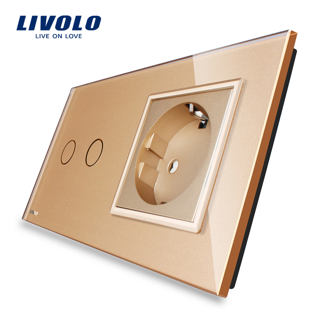 Intrerupator dublu cap scara / cap cruce + priza simpla Livolo rama din sticla, auriu