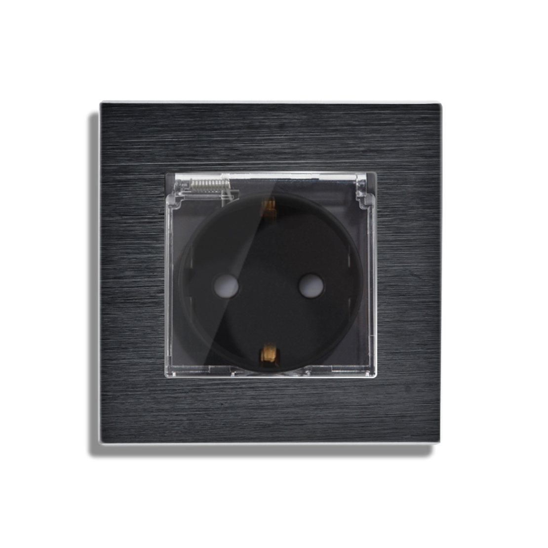 Priza Simpla cu Capac de Protectie LUXION cu rama din aluminiu, negru