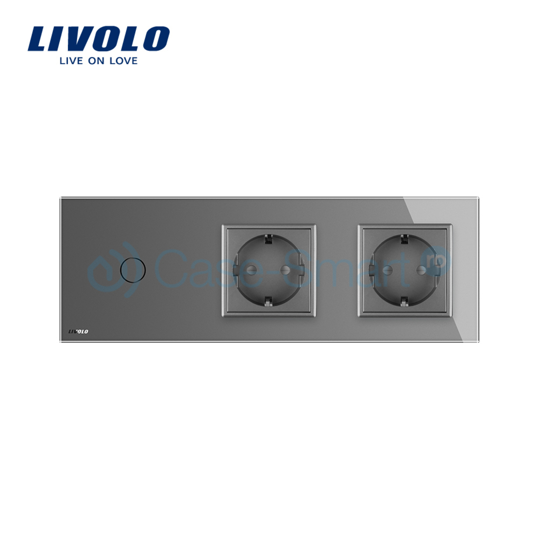 Intrerupator LIVOLO simplu cap scara / cap cruce cu touch si 2 prize din sticla, gri