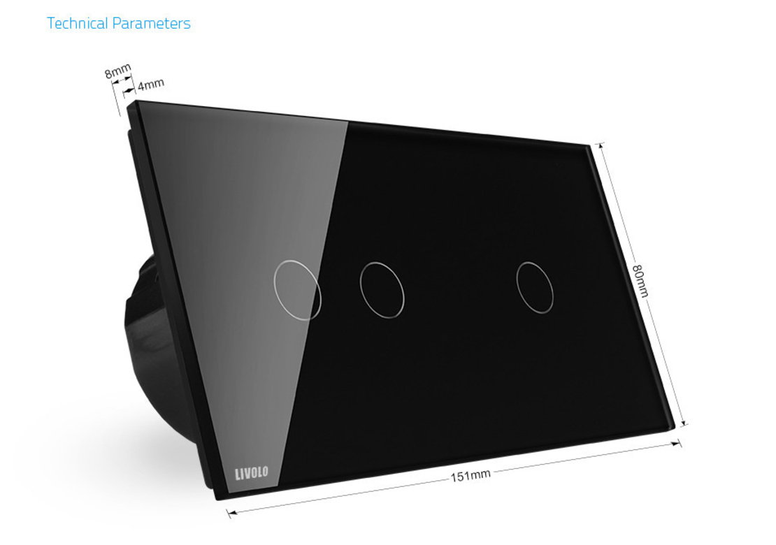 Intrerupator dublu + simplu cu touch Livolo din sticla, negru