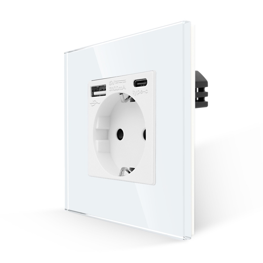 Priza Simpla + USB-A + USB-C LUXION cu Rama din Sticla, alb