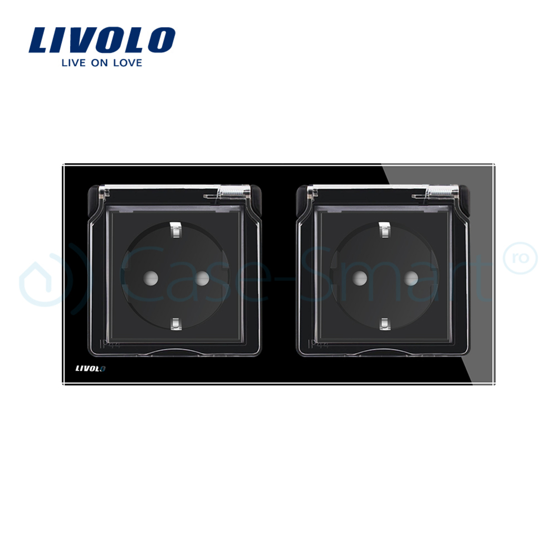 Priza dubla Livolo cu rama din sticla si capac de protectie rezistent la apa, negru