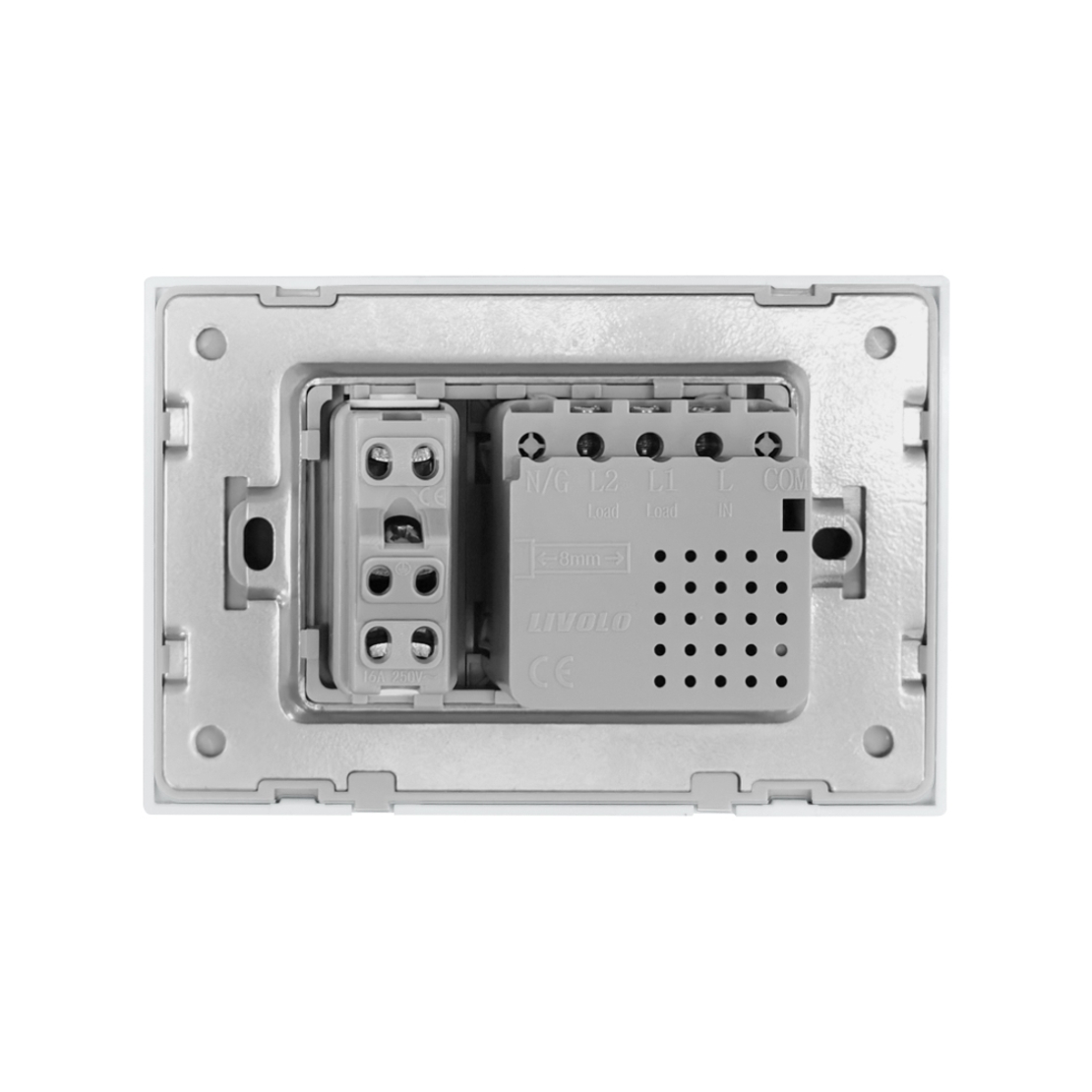 Intrerupator dublu + priza Livolo cu rama din sticla, Standard italian, alb