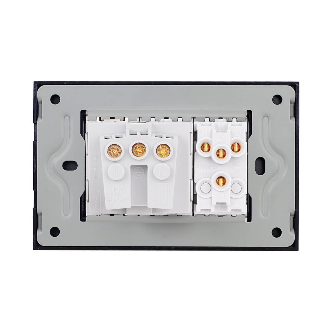 Intrerupator Dublu + Priza cu Rama din Sticla LUXION, Standard Italian, 3M, negru