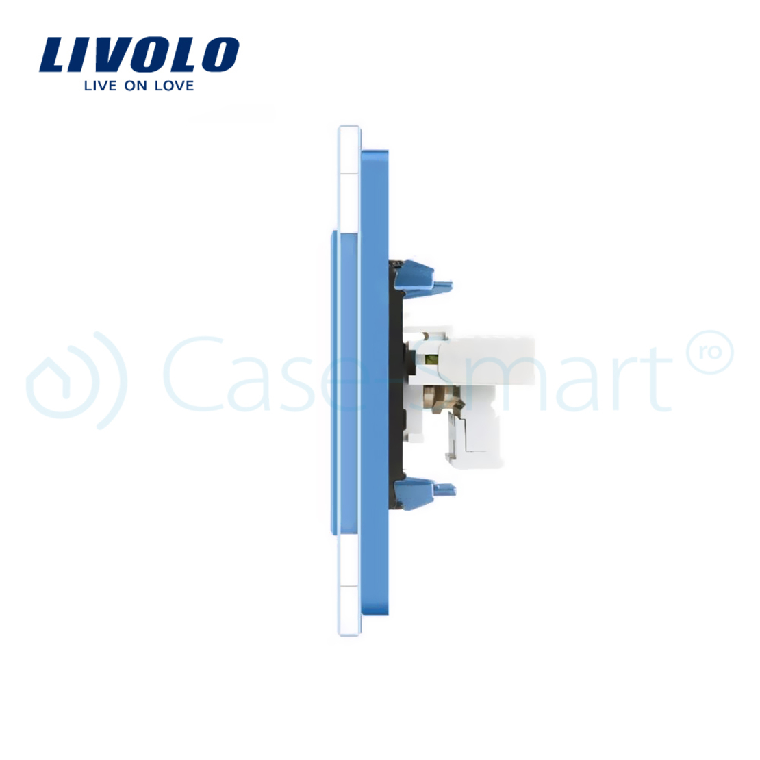 Priza dubla TV + Telefon Livolo cu rama din sticla, albastru