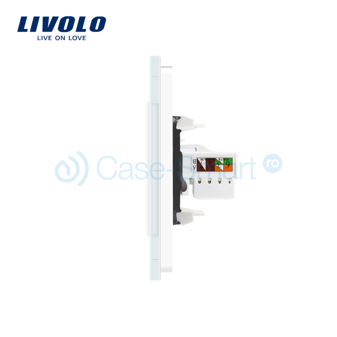 Priza dubla TV + priza internet Livolo cu rama din sticla, alb
