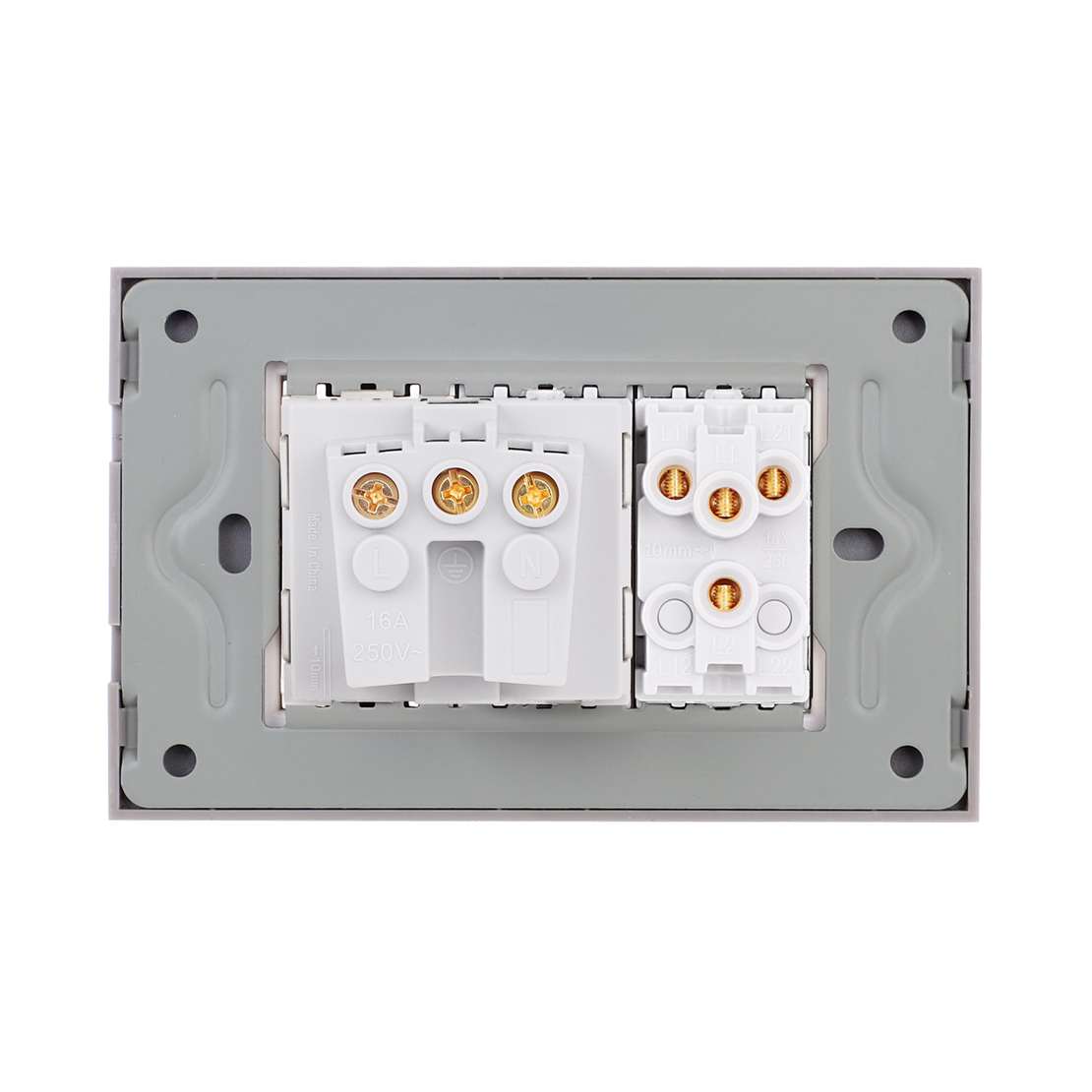 Intrerupator Dublu + Priza cu Rama din Sticla LUXION, Standard Italian, 3M, gri