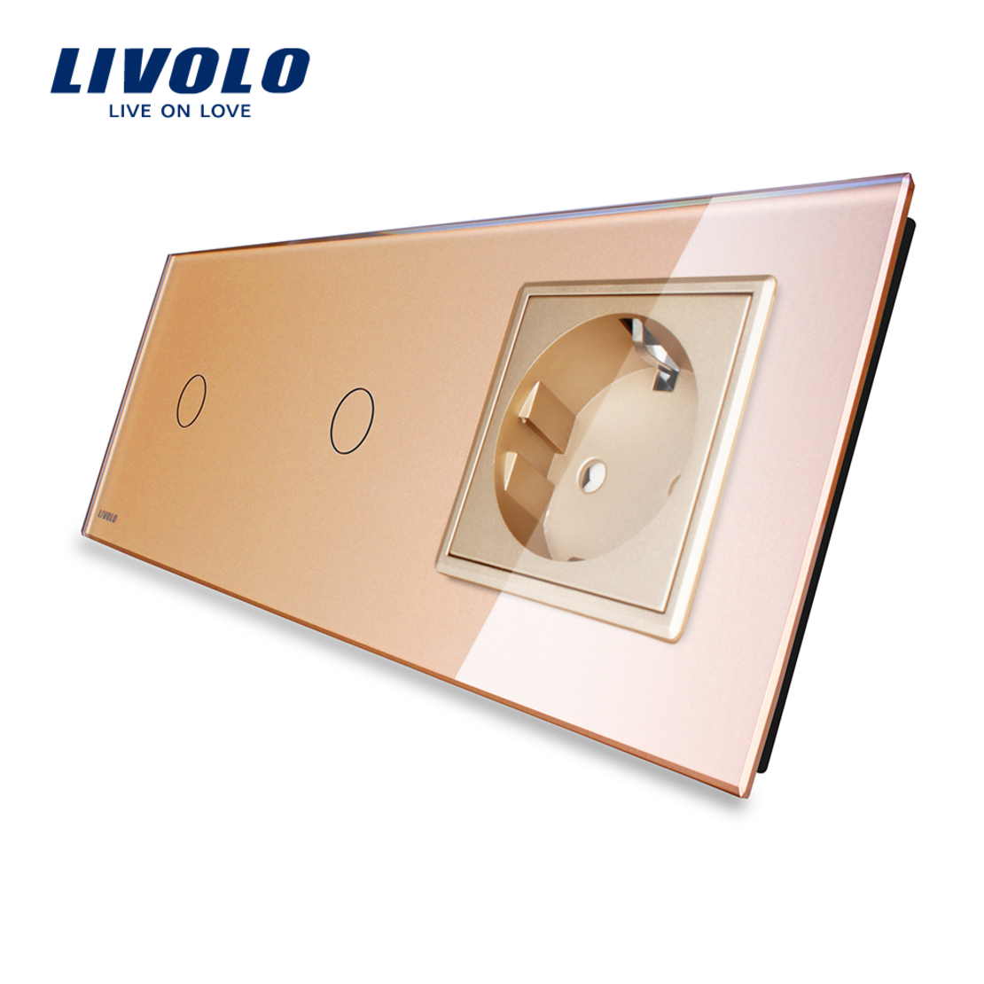Intrerupator LIVOLO simplu+simplu cu touch si priza din sticla, auriu