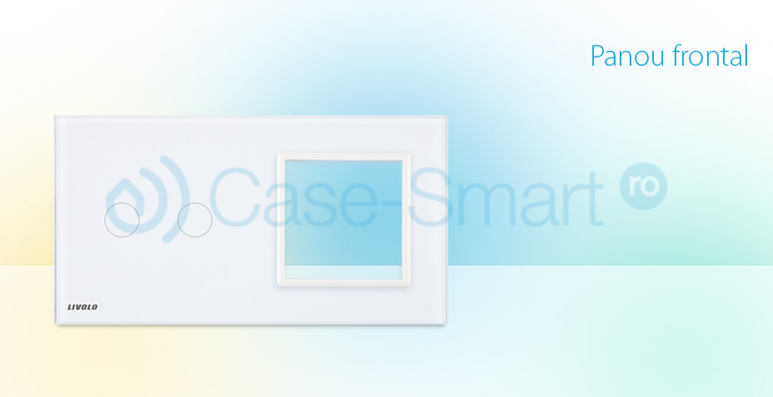 Panou intrerupator dublu cu touch + priza simpla Livolo din sticla, alb