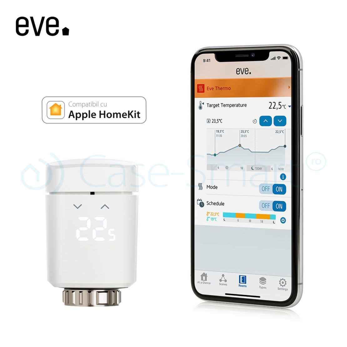 Valva inteligenta pentru calorifer Eve Thermo cu LED, Control tactil, Control vocal, Compatibil cu Apple HomeKit