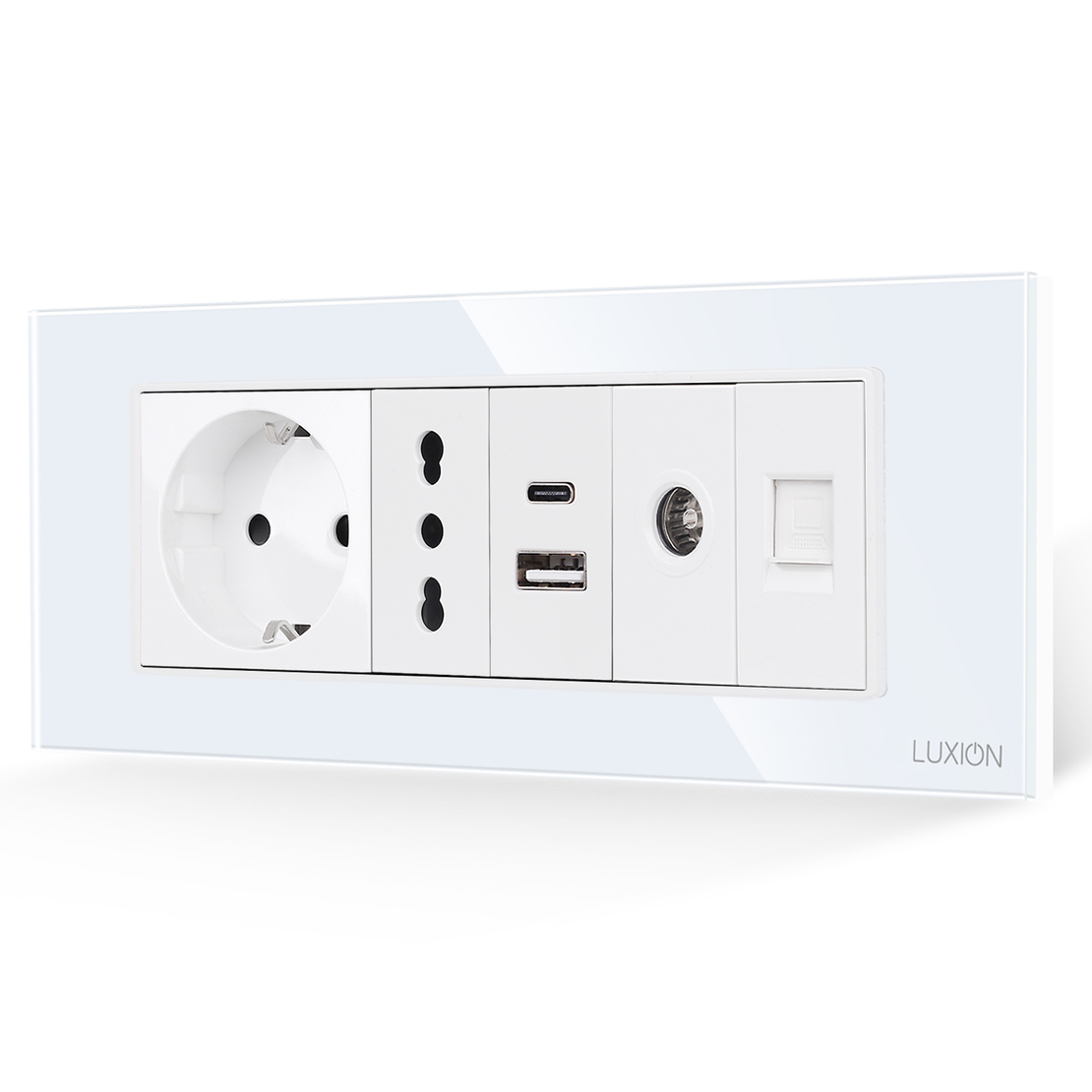 Priza Schuko + Ingusta + Dubla USB + TV + Internet cu Rama Din Sticla LUXION, Standard Italian, 6M, alb
