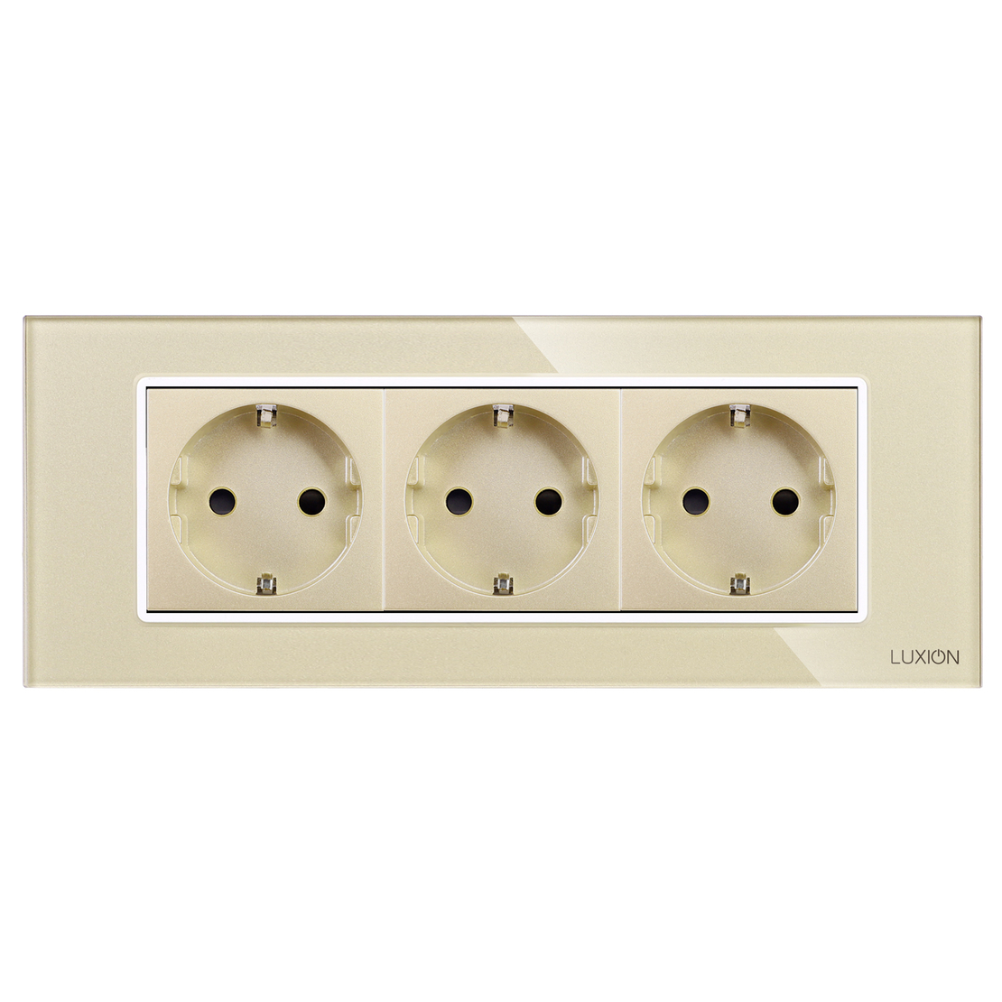 Priza Tripla cu Rama din Sticla LUXION, Standard Italian, 6M, auriu