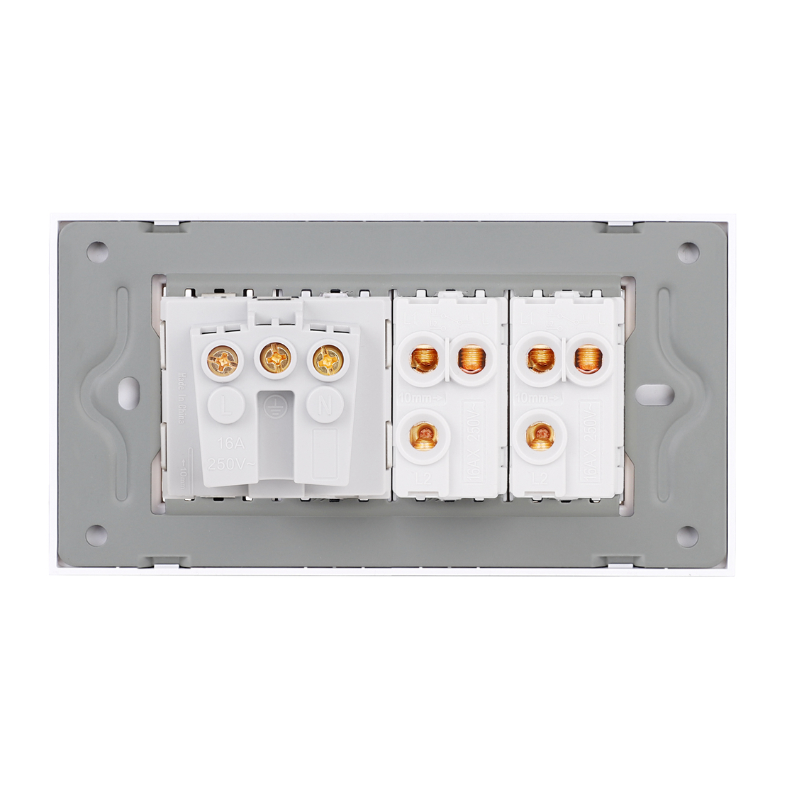 Intrerupator Dublu Cap Scara + Priza cu Rama din Sticla LUXION, Standard Italian, 4M, auriu