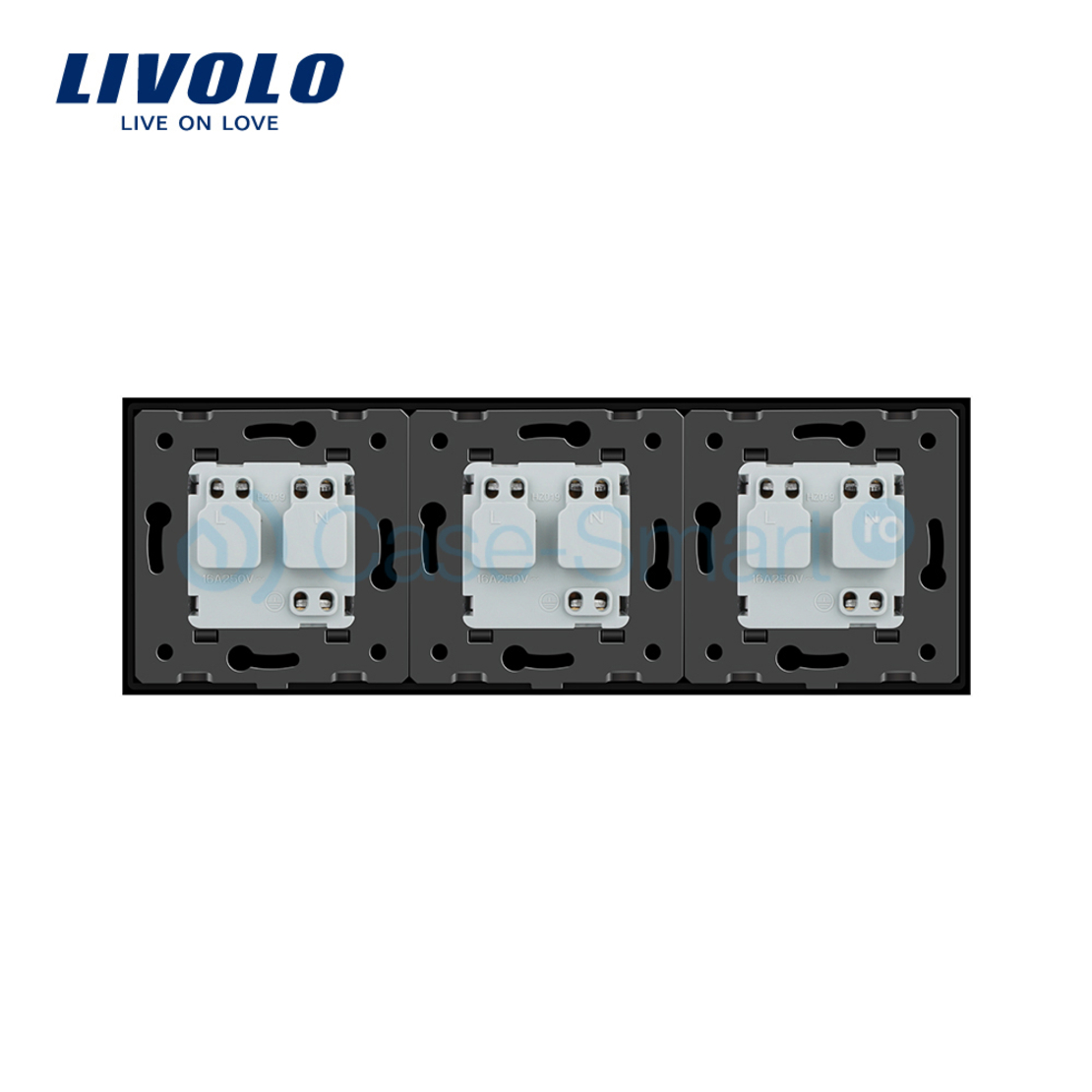 Priza tripla Livolo cu rama din sticla, negru